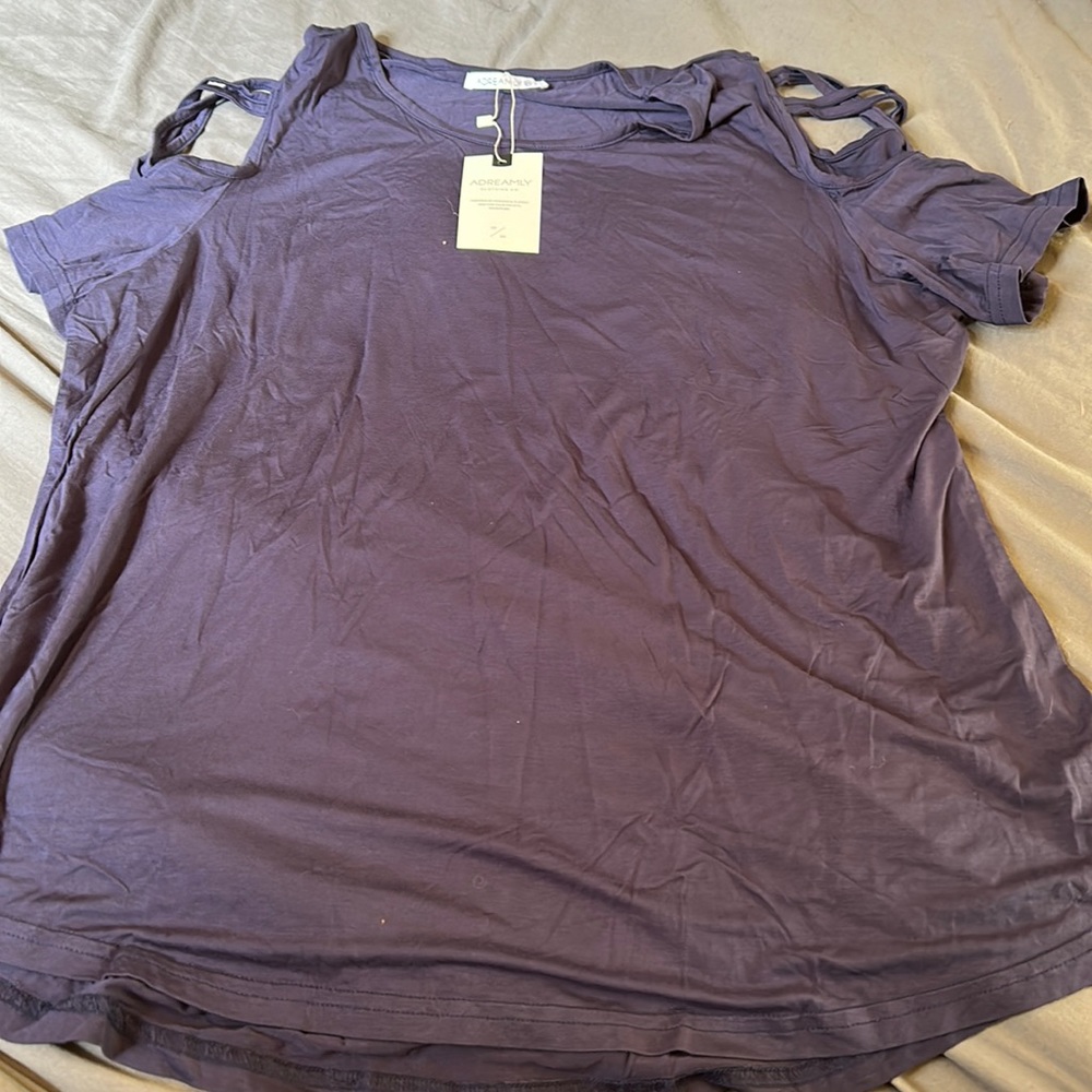 Adreamly Clothing Co. cold shoulder shirt in blue.